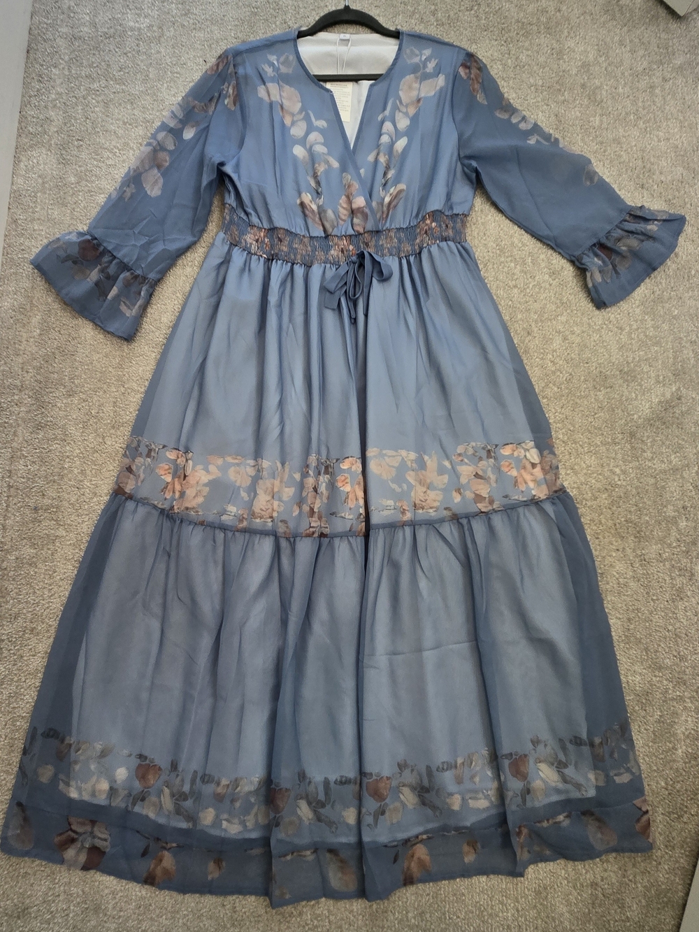 Womens' Blue Floral Midi Dress with Elastic Waist With Bow